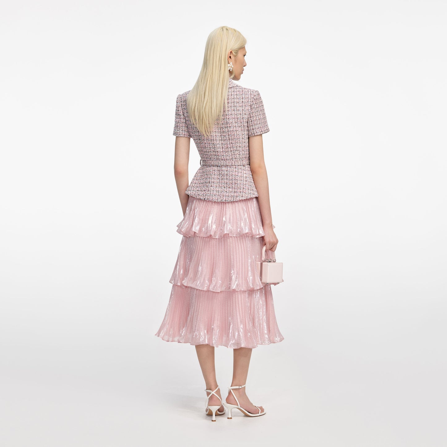Pembe Buklet Metalik Katmanlı Midi Elbise