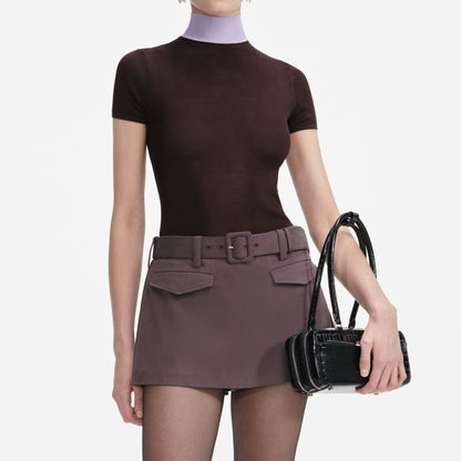 Kahverengi Viskon Örme Kısa Kollu Üst