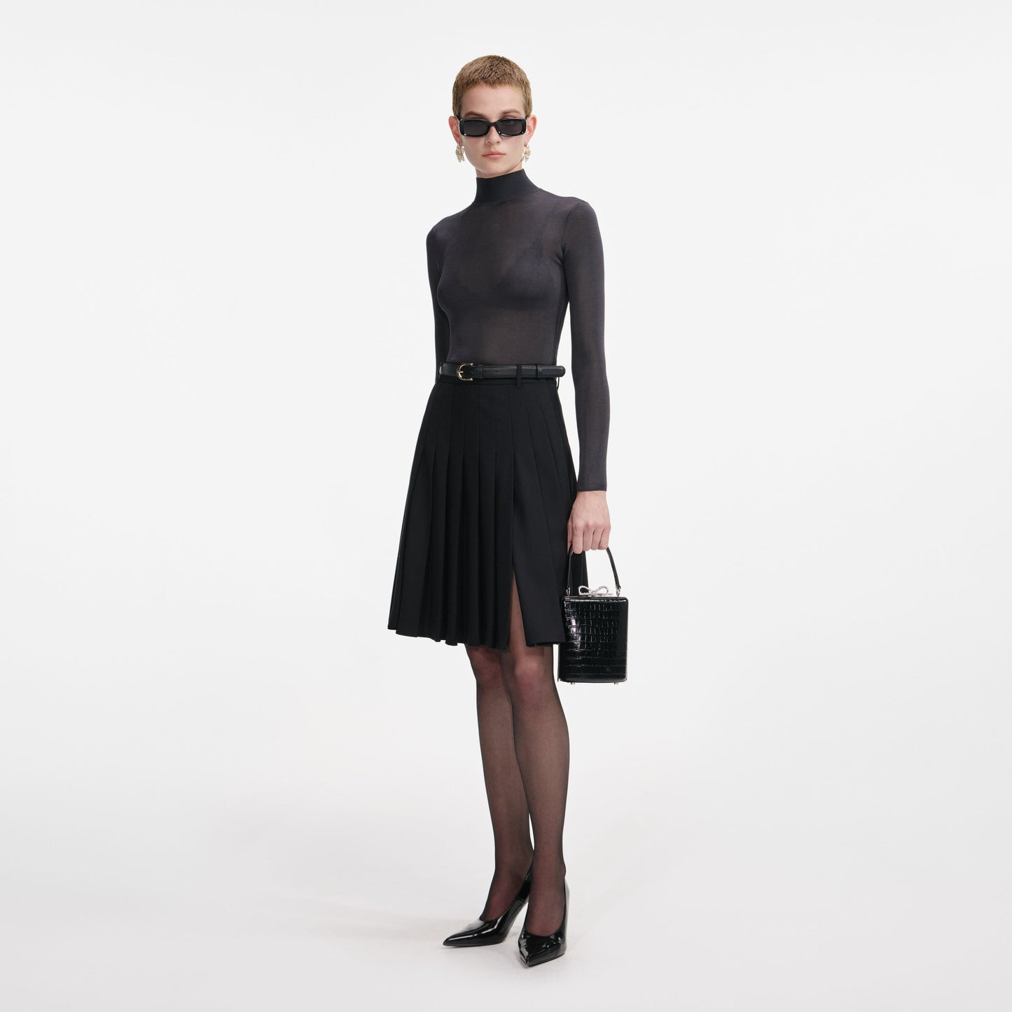 Siyah Pileli Twill Midi Etek