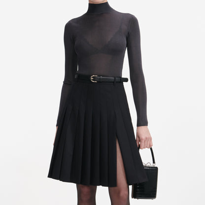 Siyah Pileli Twill Midi Etek