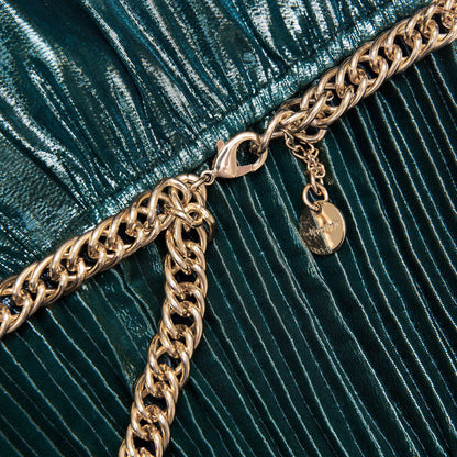 Yeşil Metalik Bağcıklı Uzun Elbise