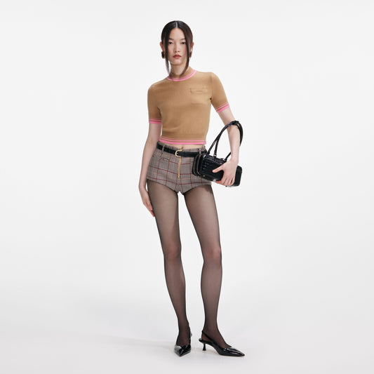 Kahverengi Kontrast Çizgili Örgü Üst