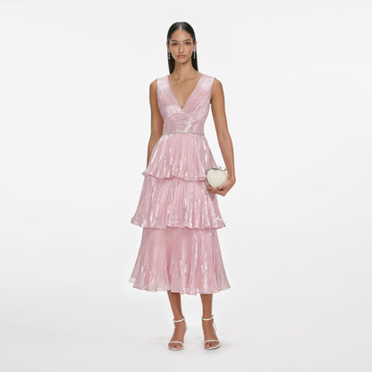 Pembe Metalik Katmanlı Midi Elbise