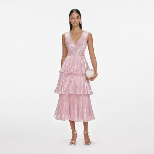 Pembe Metalik Katmanlı Midi Elbise