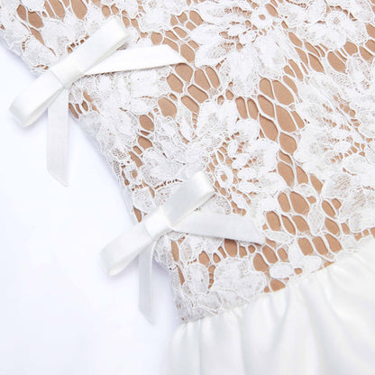 Beyaz Dantel Tafta Uzun Elbise