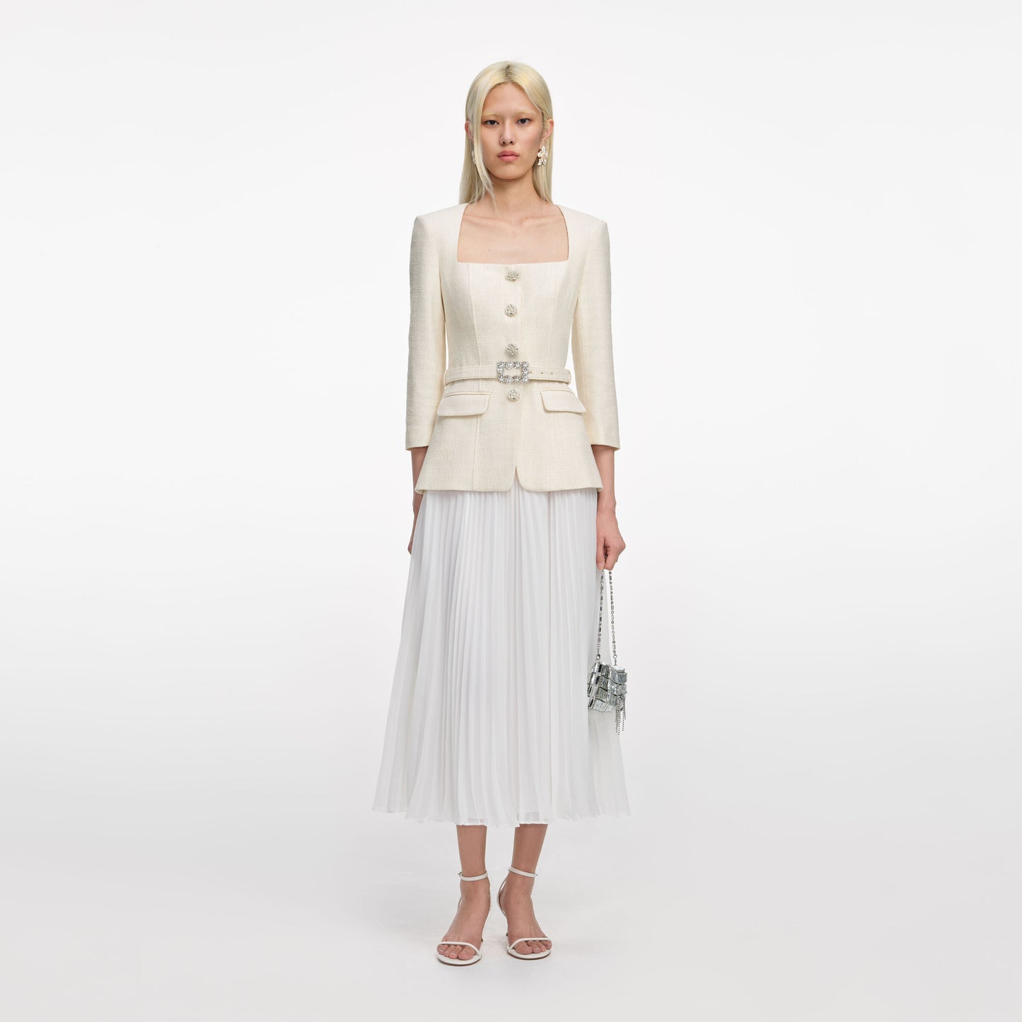 Krem Bukle Uzun Kollu Şifon Midi Elbise