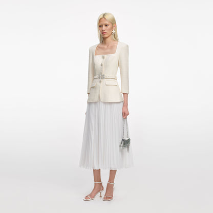 Krem Bukle Uzun Kollu Şifon Midi Elbise