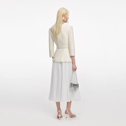 Krem Bukle Uzun Kollu Şifon Midi Elbise