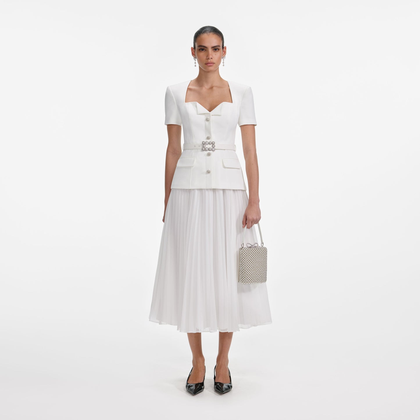 Beyaz Krep Şifon Midi Elbise