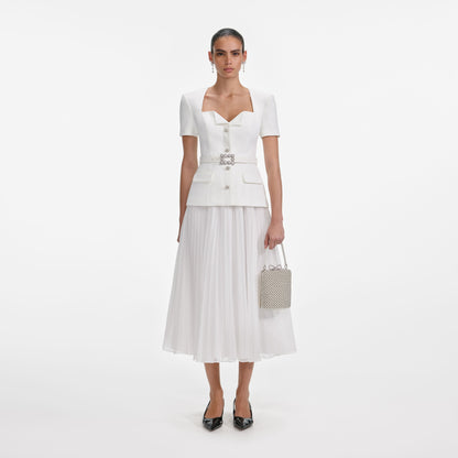 Beyaz Krep Şifon Midi Elbise