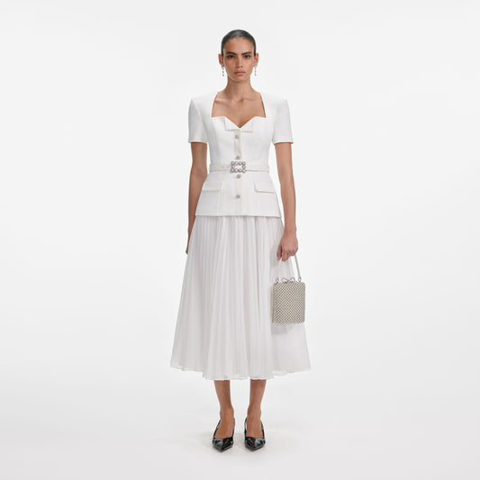Beyaz Krep Şifon Midi Elbise