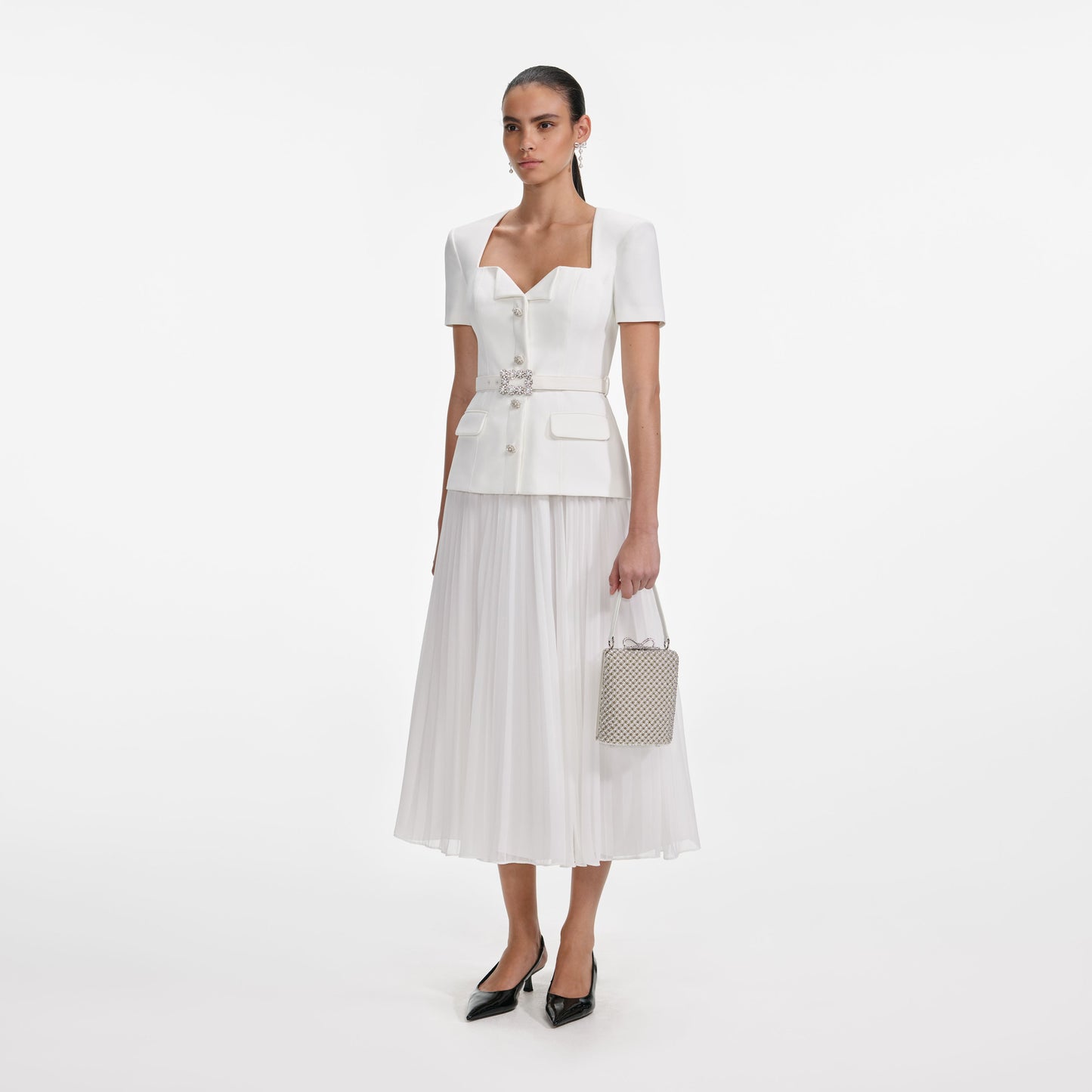 Beyaz Krep Şifon Midi Elbise