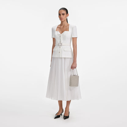 Beyaz Krep Şifon Midi Elbise