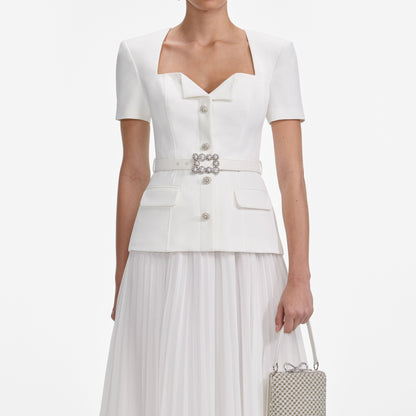 Beyaz Krep Şifon Midi Elbise