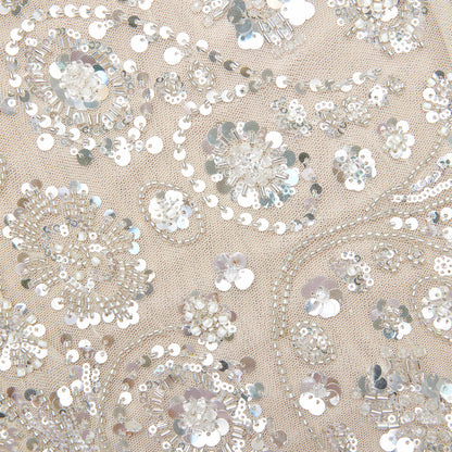 Krem Çiçekli Pullu Uzun Elbise