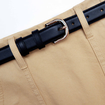 Bej Kot Kemerli Mini Etek