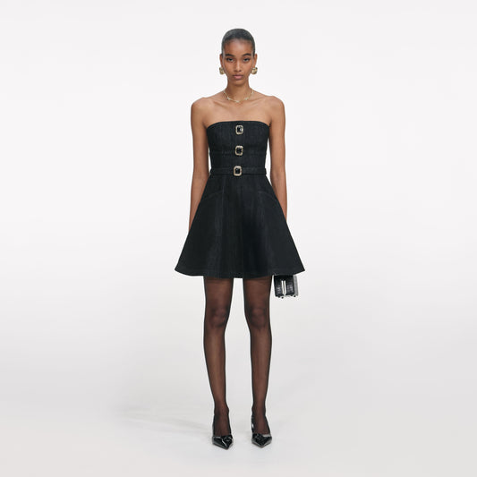 Siyah Kot Bandeau Mini Elbise