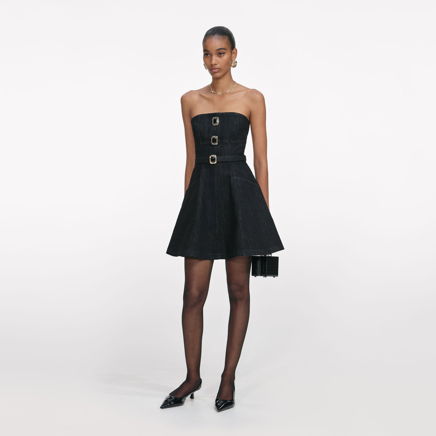 Siyah Kot Bandeau Mini Elbise