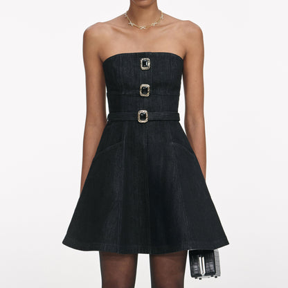 Siyah Kot Bandeau Mini Elbise