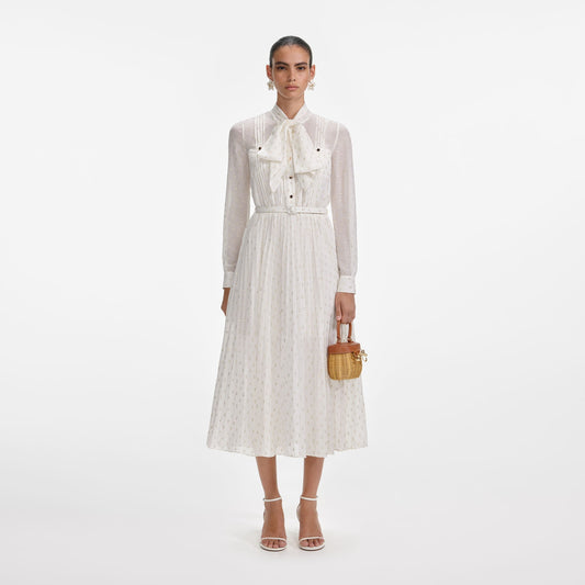 Krem Ve Altın Bağcıklı Midi Elbise