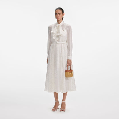 Krem Ve Altın Bağcıklı Midi Elbise