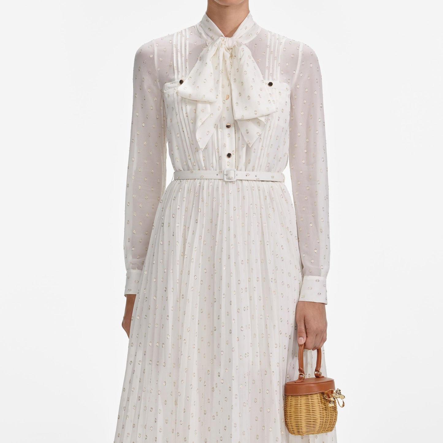 Krem Ve Altın Bağcıklı Midi Elbise