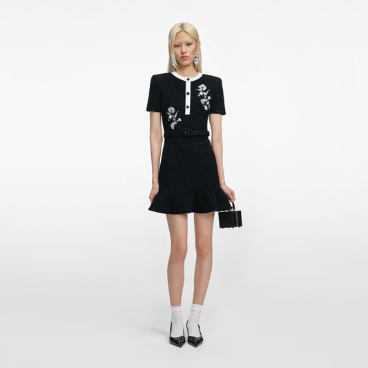 Siyah Çiçekli Dokulu Örme Mini Elbise