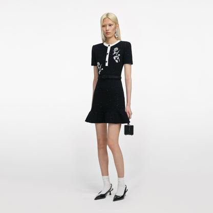 Siyah Çiçekli Dokulu Örme Mini Elbise