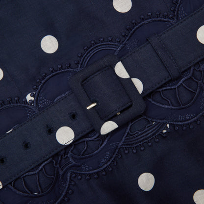 Lacivert Puantiyeli Keten Midi Elbise