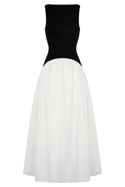 Akasya Kontrast Kolsuz Uzun Elbise - Siyah/Beyaz