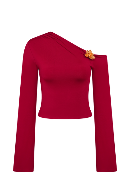 Ainsley Asimetrik Uzun Kollu Çiçekli Üst - Fuşya Pembesi