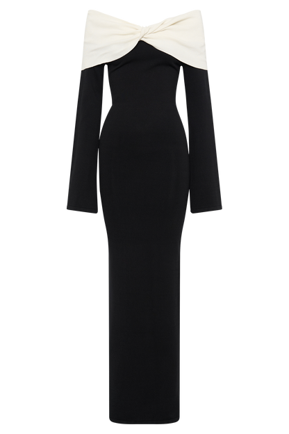 Yoko Kontrast Örgü Uzun Elbise - Siyah/Beyaz