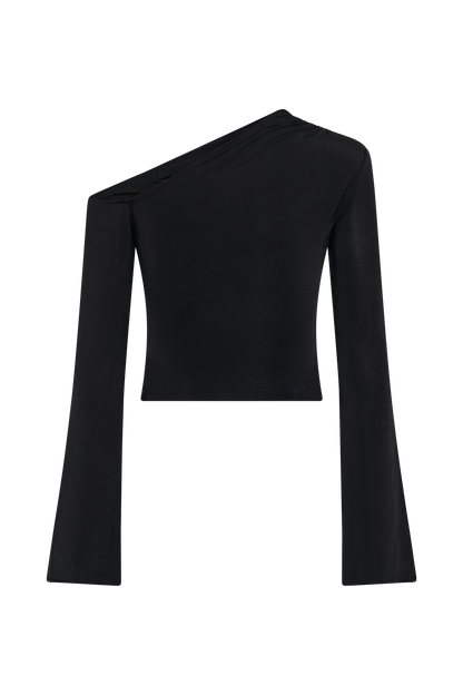 Ainsley Çiçekli Aksesuarlı Asimetrik Uzun Kollu Üst - Siyah