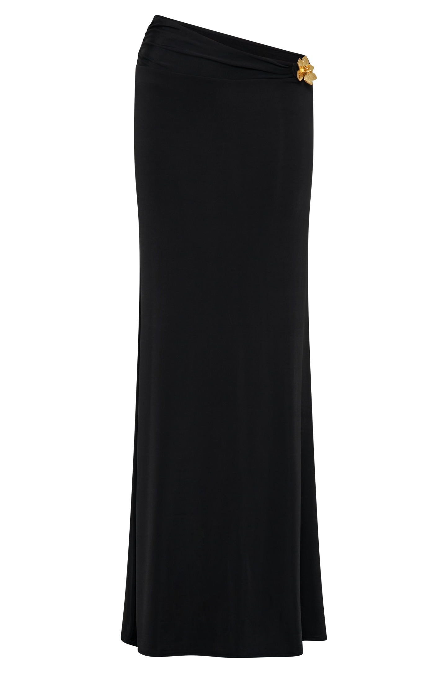 Ainsley Çiçekli Aksesuarlı Asimetrik Uzun Etek - Siyah