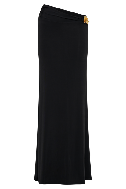 Ainsley Çiçekli Aksesuarlı Asimetrik Uzun Etek - Siyah
