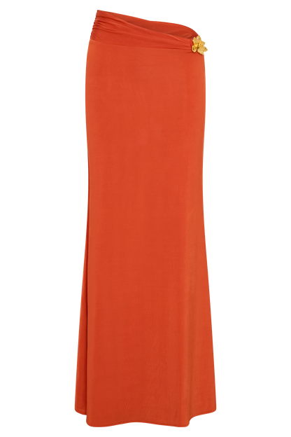 Ainsley Çiçekli Aksesuarlı Asimetrik Uzun Etek - Yanık Turuncu