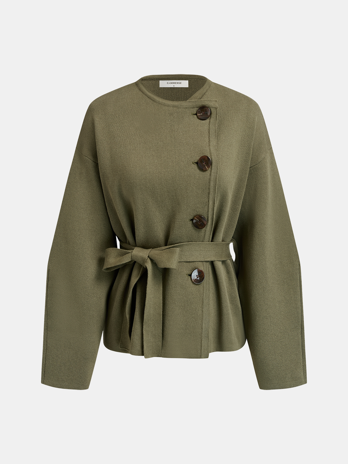 Asimetrik Düğmeli Kemerli Örme Ceket