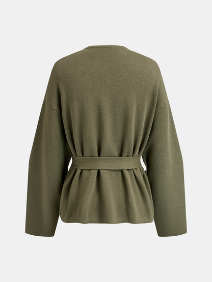 Asimetrik Düğmeli Kemerli Örme Ceket