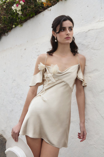 Şampanya Çiçek Saten Mini Elbise