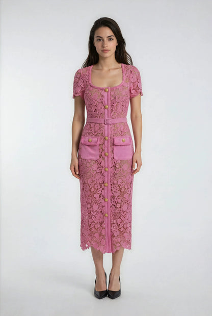 Pembe Dantel Uzun Elbise