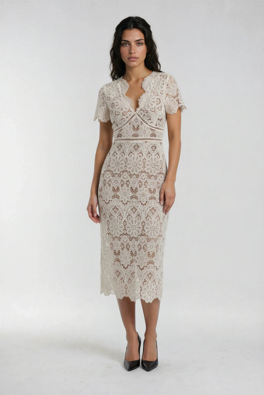 Krem Ortadan Fermuarlı Dantel Elbise
