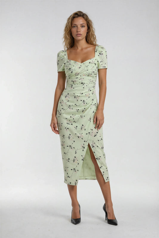 Açık Yeşil Baskılı Uzun Elbise