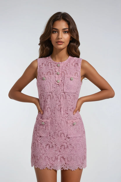 Dantel Süslemeli Pembe Midi Elbise