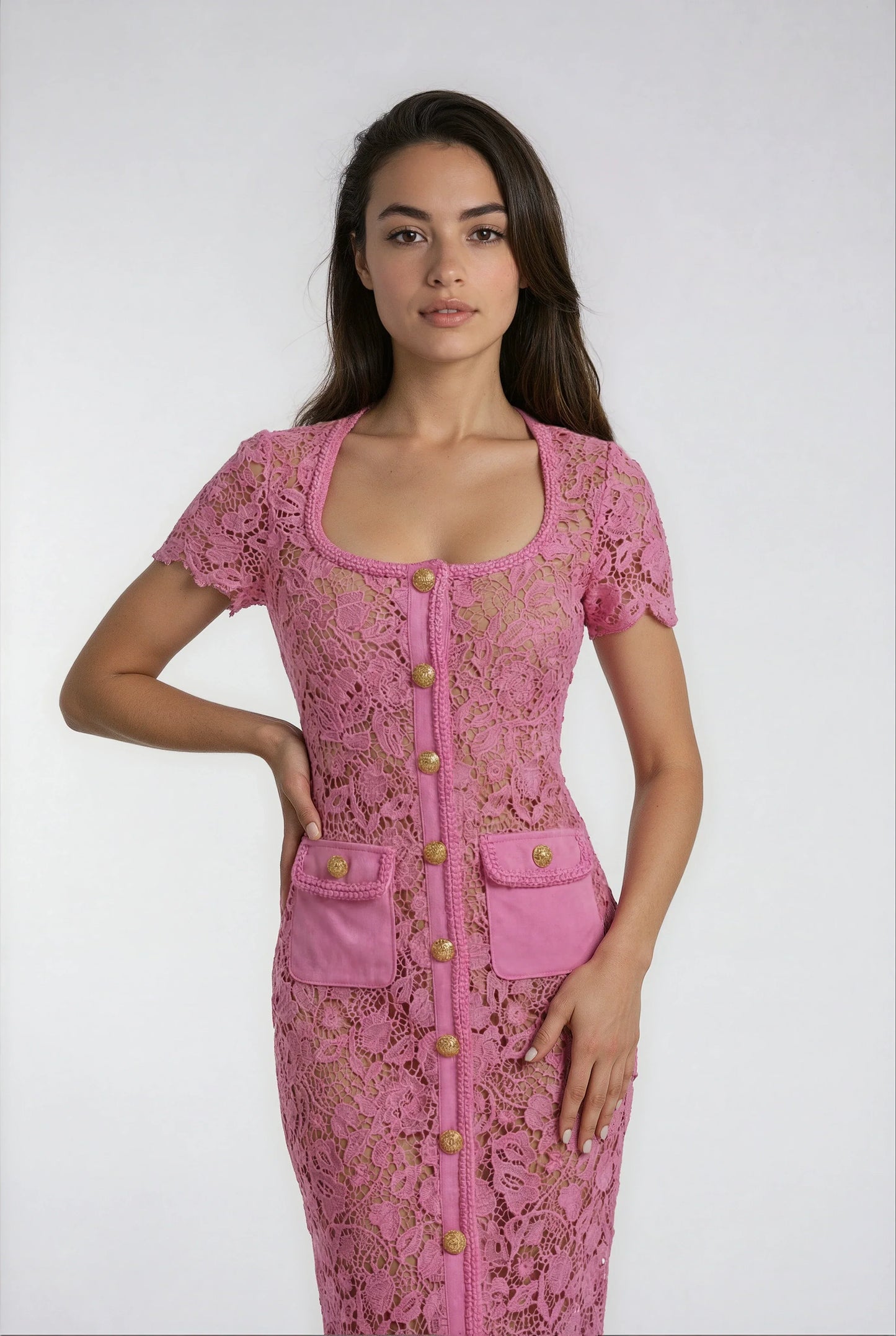 Pembe Dantel Uzun Elbise