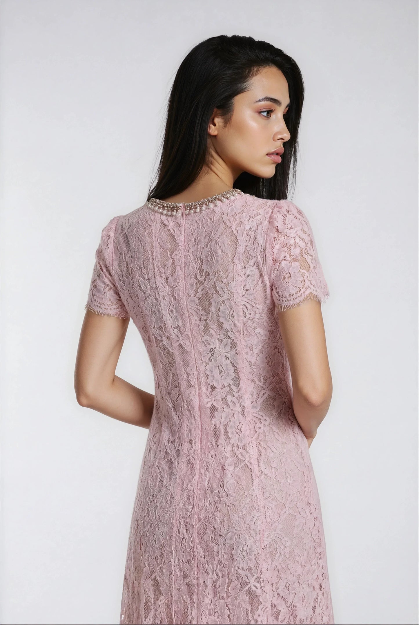 Pembe Kirpik Dantelli Payet Elbise