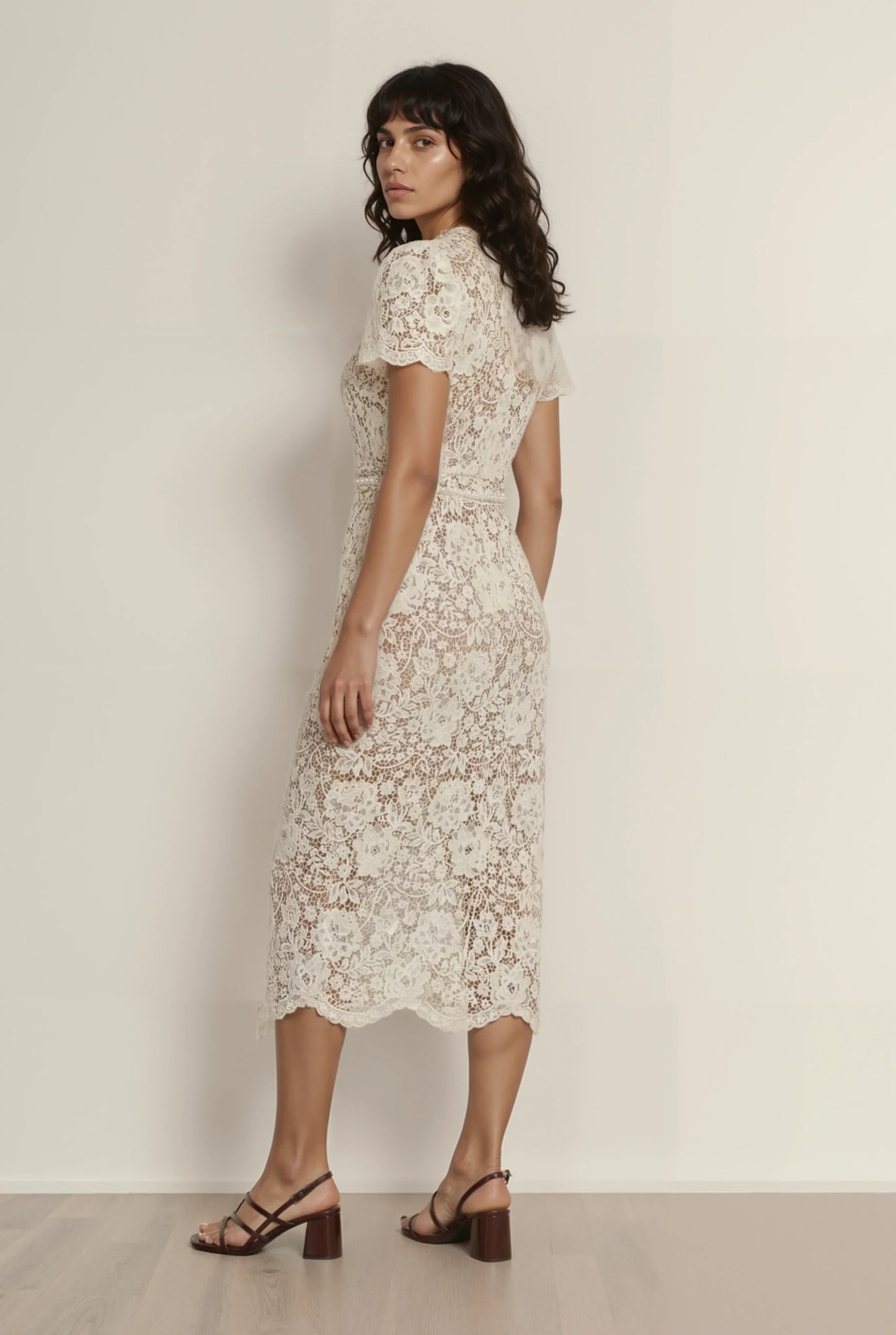 Bej/Yeşil Dantel Elbise