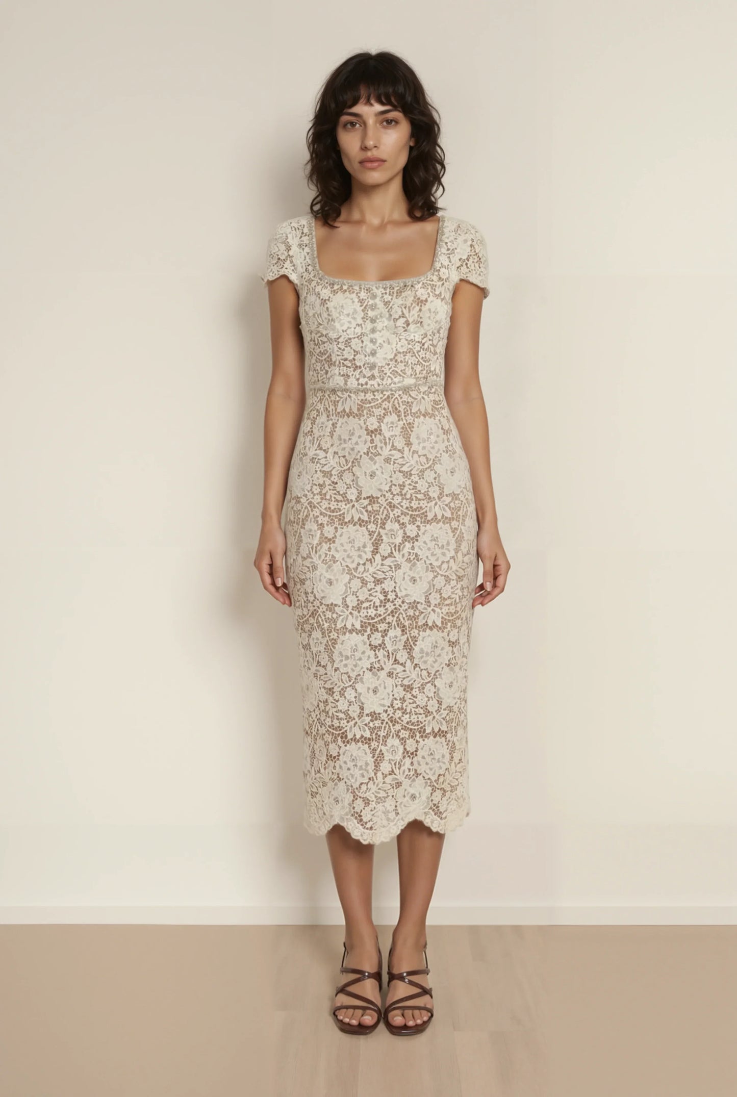 Bej/Yeşil Dantel Elbise