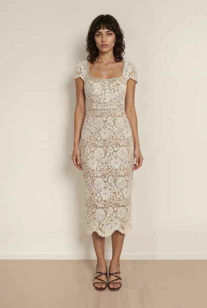 Bej/Yeşil Dantel Elbise