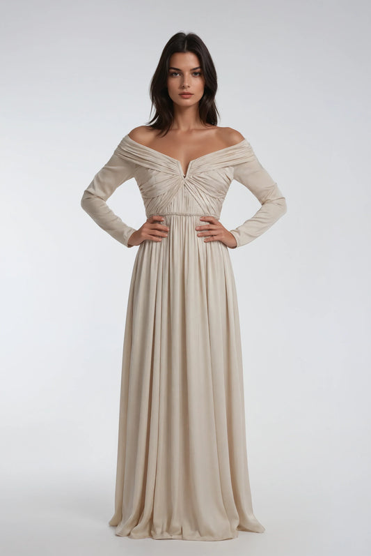 Arkadan Fermuarlı Bej Elbise