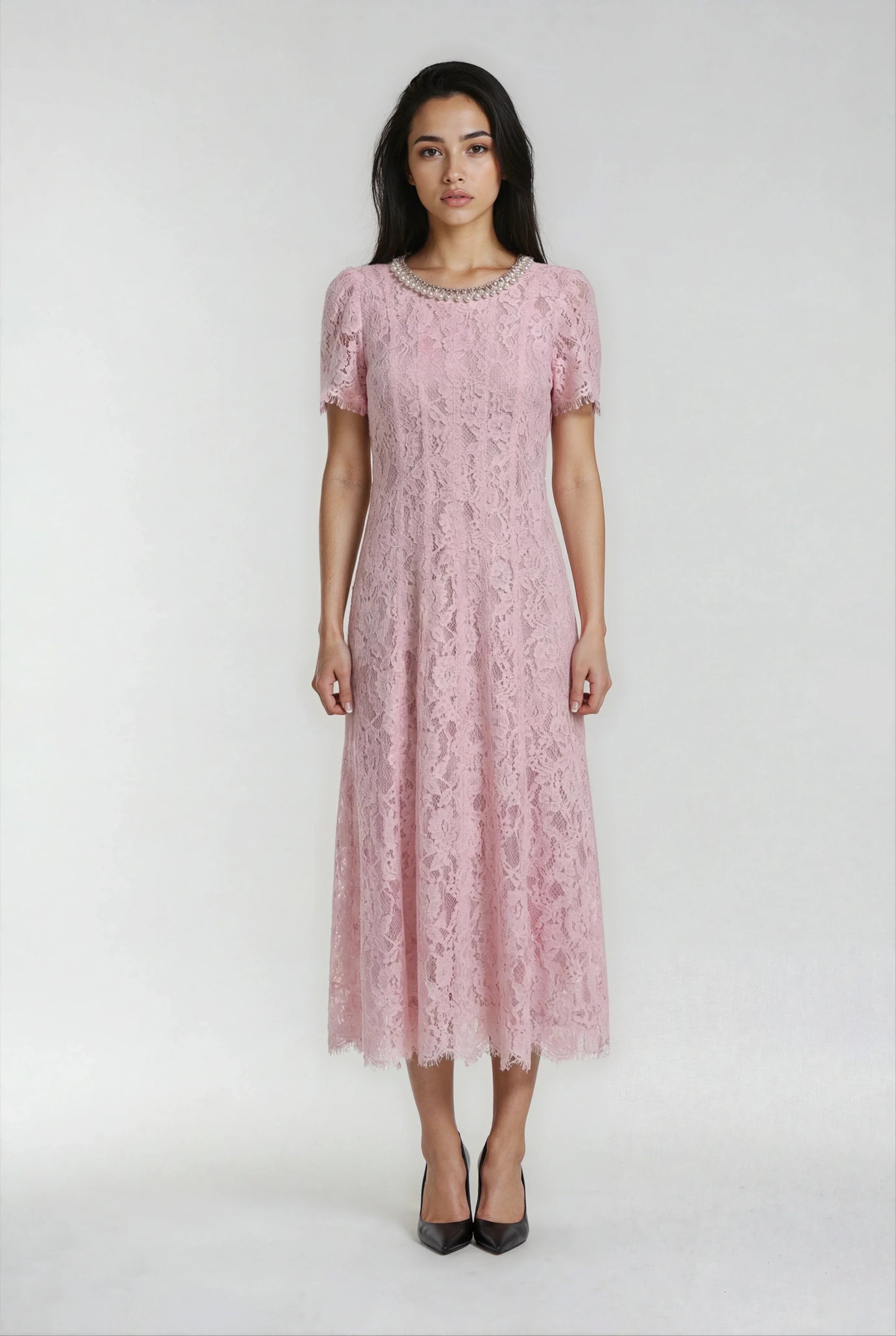Pembe Kirpik Dantelli Payet Elbise